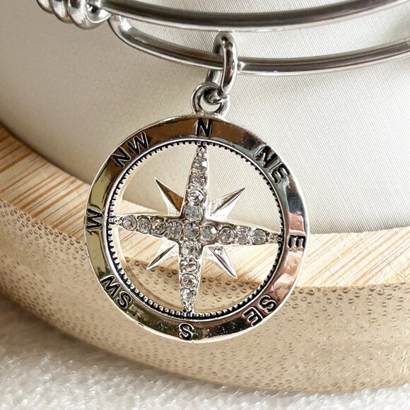 Compass Charm Silver Bangle Bracelet w Shine & Feather Charms Adjustable - Picture 3 of 8